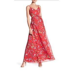 Nanette Lepore Women 4 Floral Maxi Dress Ruffle Crimson Crush Paradise Dreaming